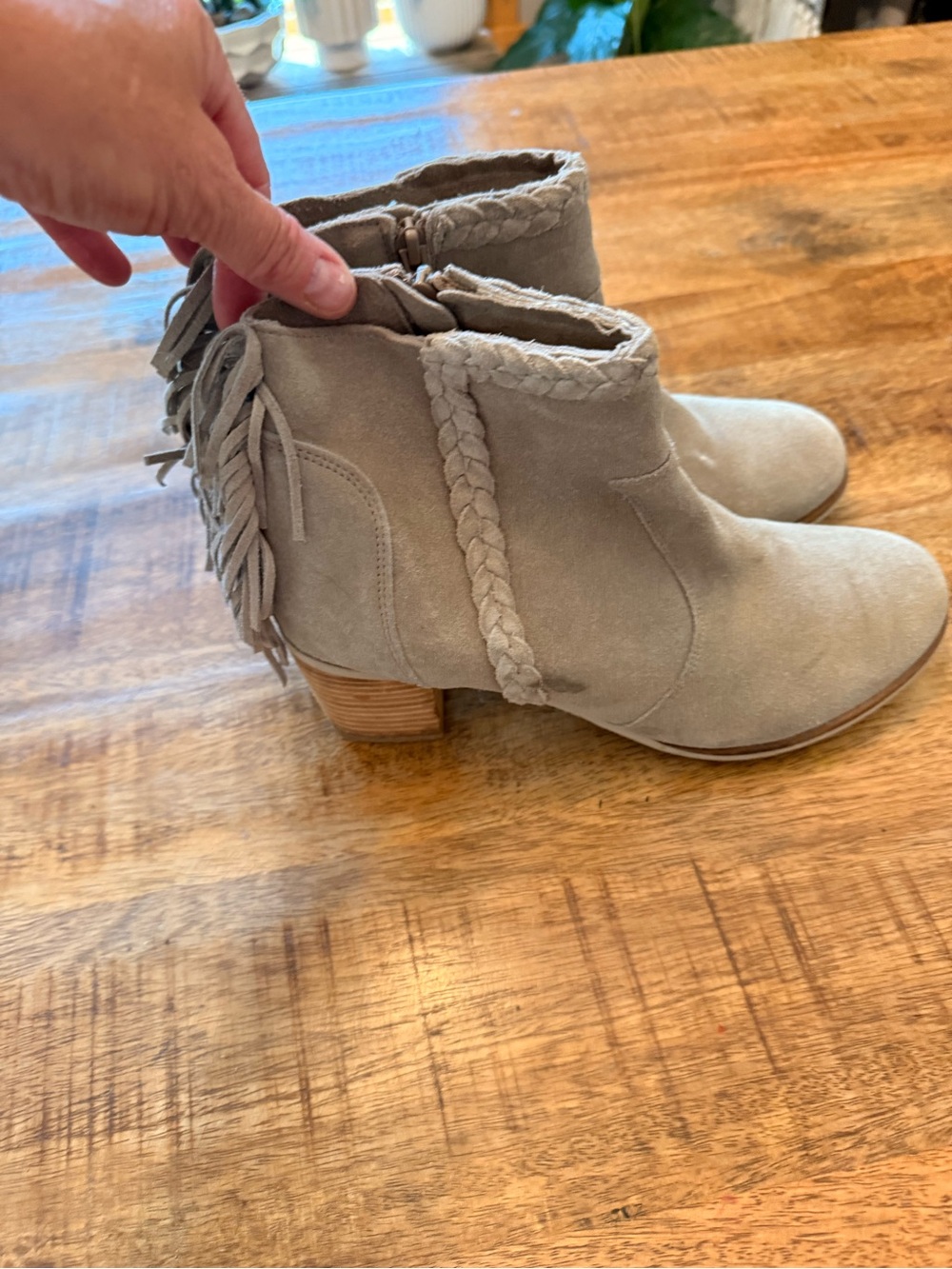Source Unknown Taupe Suede Ankle Boots with Braided Trim and Fringe